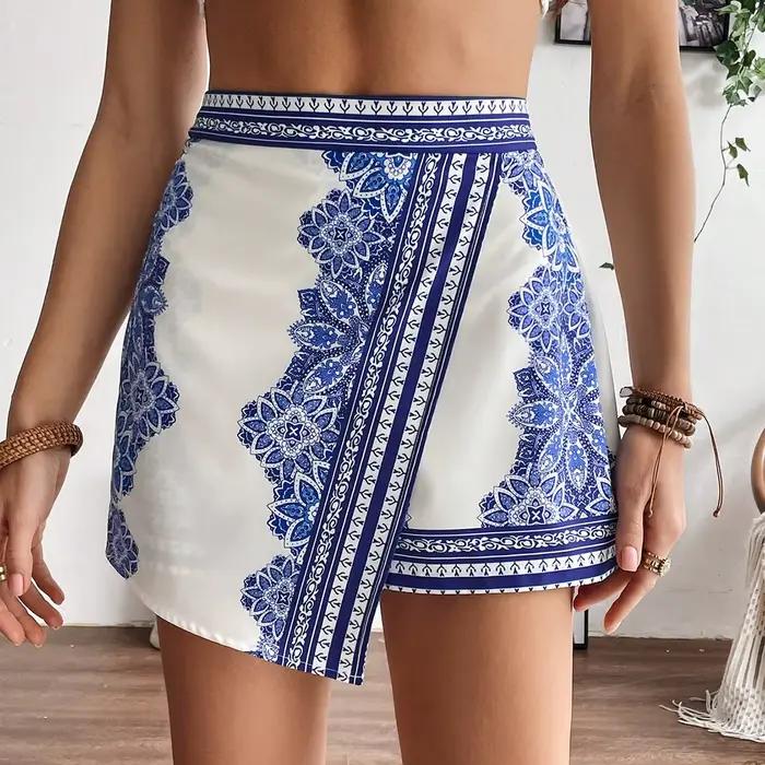 Jupe-short taille haute imprimée bandana style bohème pour femme - Short décontracté à ourlet asymét