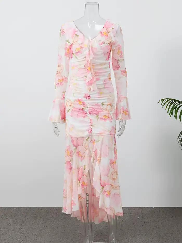 Robe longue élégante à imprimé floral pour femme, col en V, taille haute, en mousseline de soie, ave