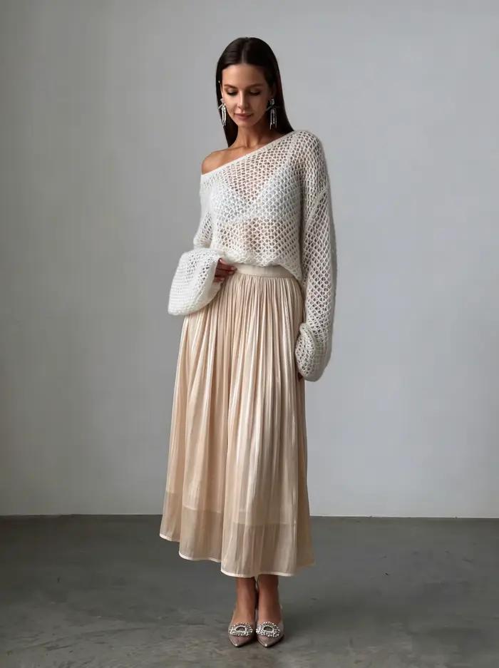 Hirsionsan-Jupe mi-longue taille haute en satin pour femme, douce et lisse, élégante et brillante, n