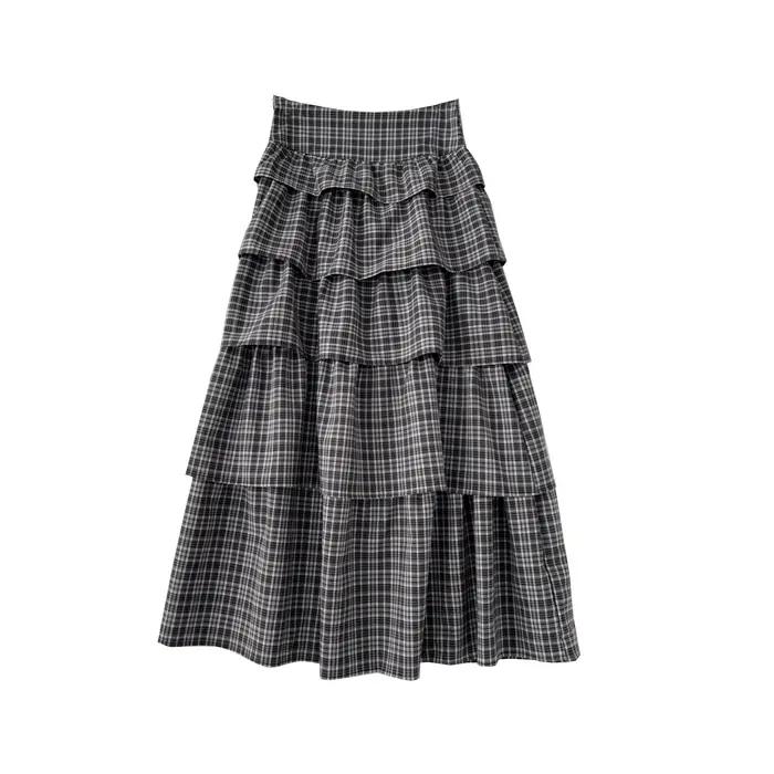 Jupe à carreaux noire pour femme, nouvelle jupe polyvalente printemps-été, mi-longue et longue