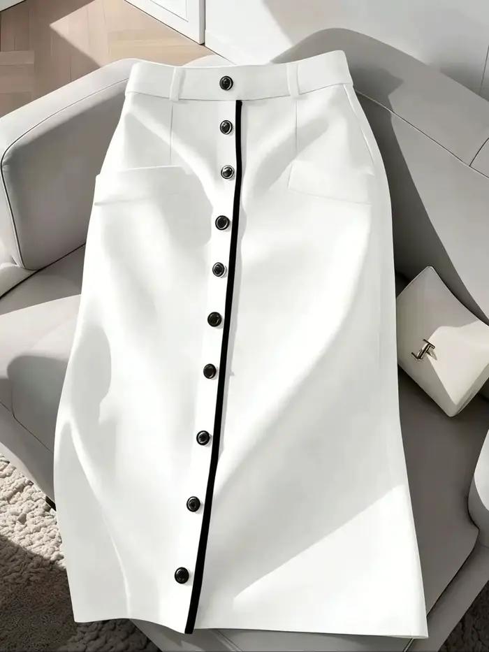 Jupe midi boutonnée pour femme - Jupe formelle à taille haute avec fente et passepoil contrastant po