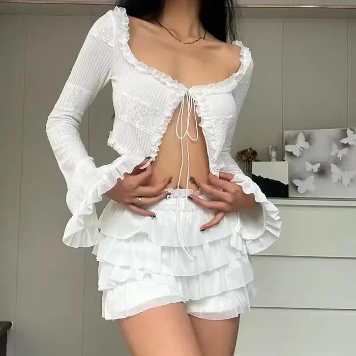 Mini jupe Sexy pour femmes, ensemble deux pièces, Cardigan à bretelles, haut à volants, Mini jupe su
