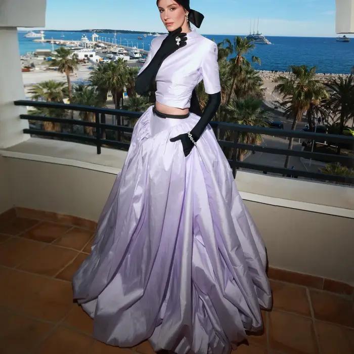 Jupe longue de haute couture lavande style défilé de Cannes, jupe de soirée volumineuse taille haute