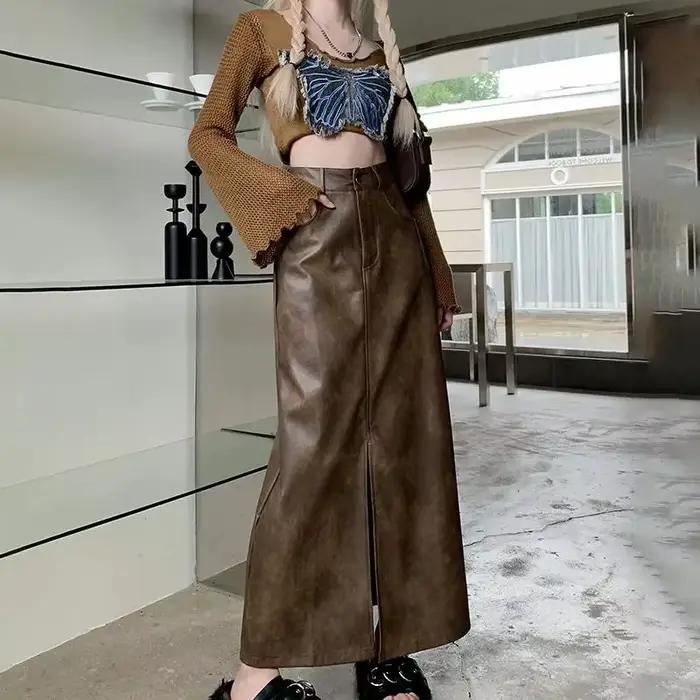 Jupe mi-longue en cuir pour femmes, jupe longue taille haute, ligne a, moulante aux hanches, printem