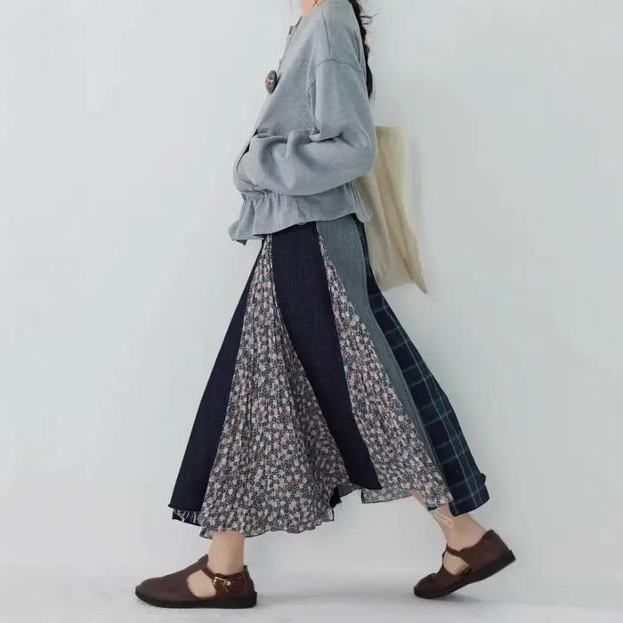 Jupe en jean style japonais, design patchwork, coupe trapèze, nouvelle collection été 2026, conforta