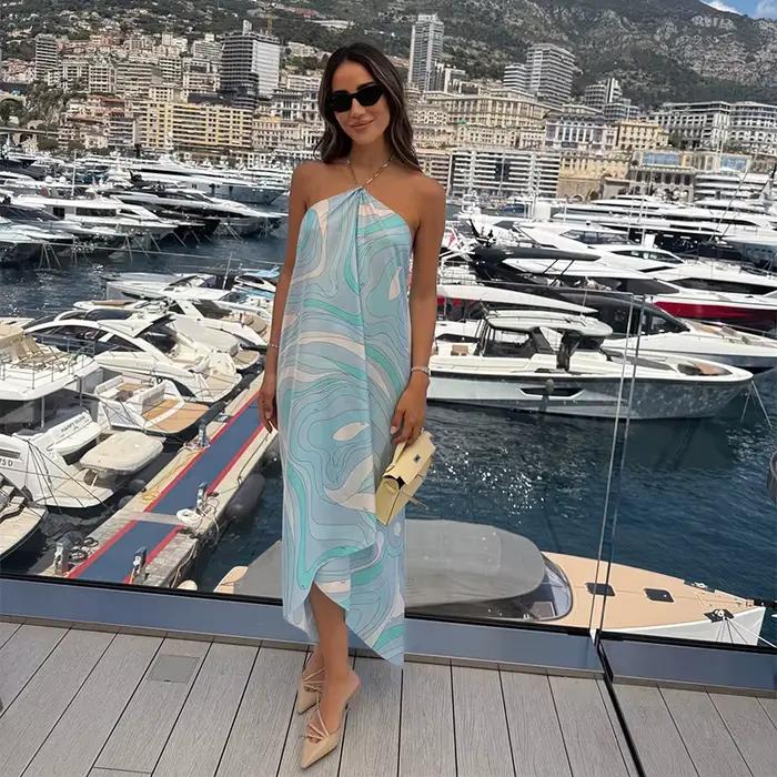 Robe Maxi d'été Chic imprimée, dos nu, ample, vacances, plage, longue, sans manches, col licou, vête