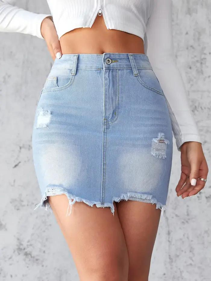Été nouvelle jupe en jean pour femmes mode courte Sexy déchiré bord brut jean Mini jupe trapèze XS-2