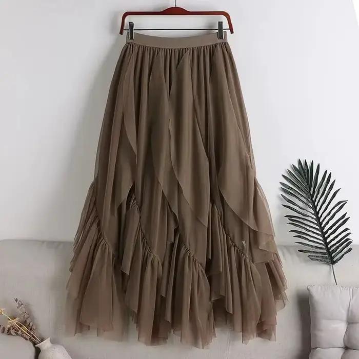 Nouvelle Collection Printemps 2025 – Jupe Mi-Longue Asymétrique Évasée en Maille Double Couche pour 