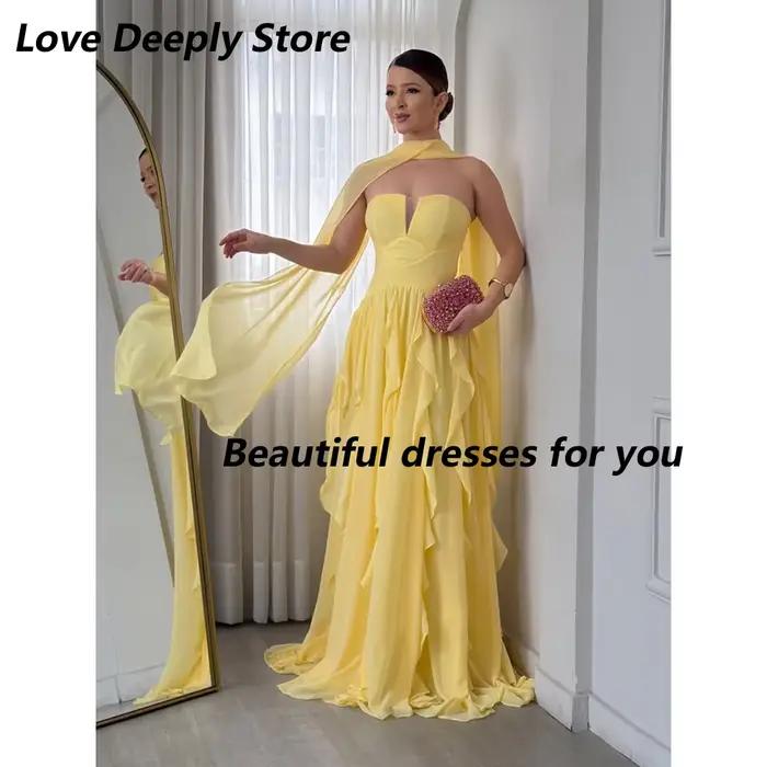 Robe de soirée jaune personnalisée, col cœur, en mousseline de soie, à volants, coupe trapèze, longu
