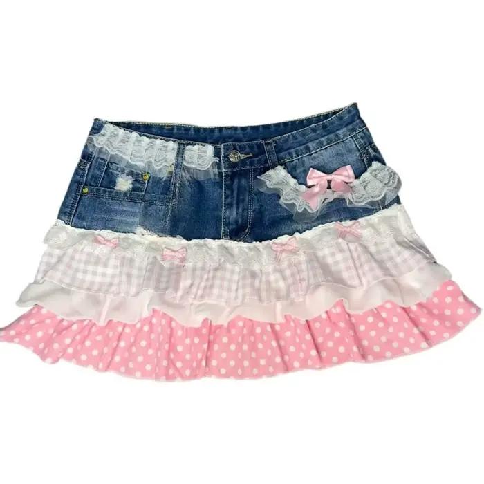 Nouvelle jupe courte Y2K vintage rose patchwork en jean, style Spicy Girls, mode créateur, Y2K Kawai