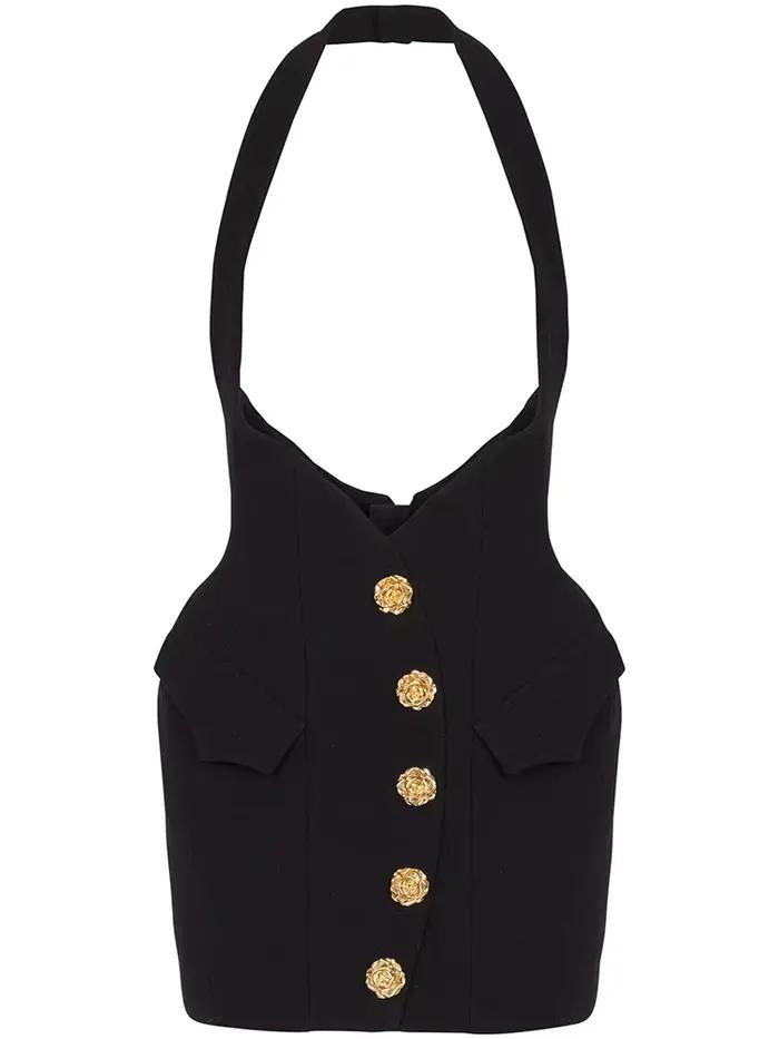 HIGH STREET Nouvelle Collection 2026 Jupe Halter Femme de Créateur avec Boutons Métalliques Rose