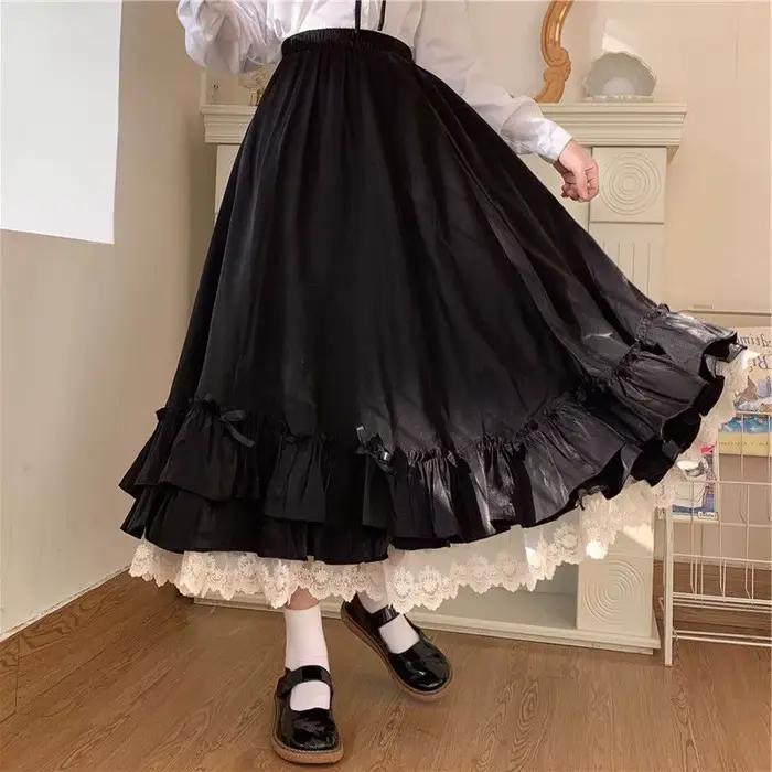 Mode douce jupe Midi femmes dentelle Patchwork nœud Preppy automne jupes décontractées amples japona
