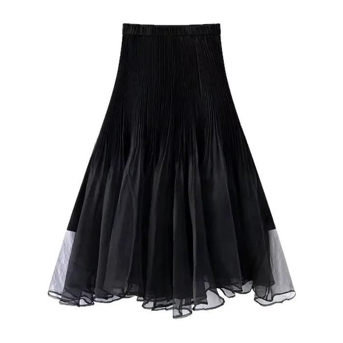 Jupe en mousseline pour femme, romantique, plissée, mi-longue, coupe sirène, style français, volumin