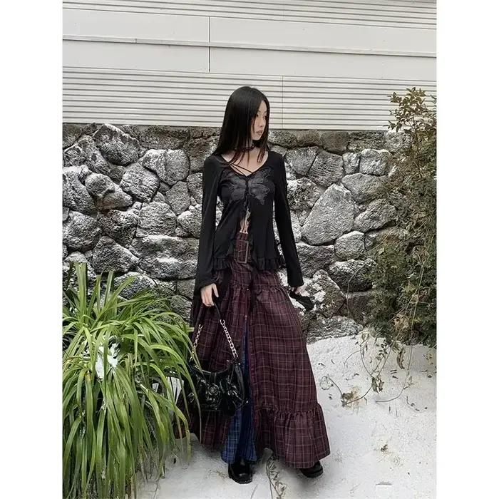 Jupe longue trapèze à carreaux pour femme, style vintage Y2K, streetwear coréen Harajuku, mode emo a