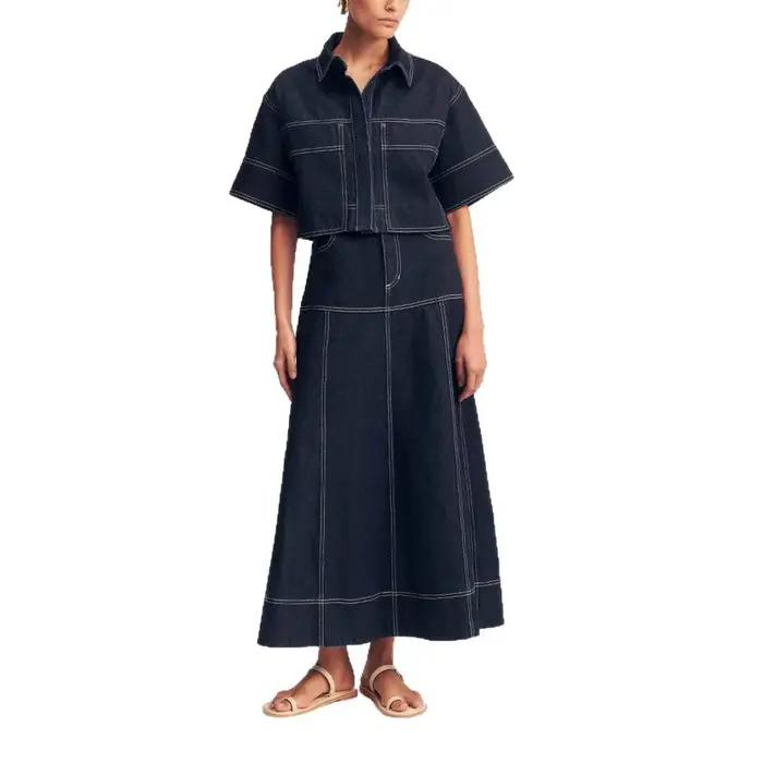 Jupe costume femmes Denim chemise jupes longues 2 pièces Ensembles lavé Vintage Ensemble simple bout