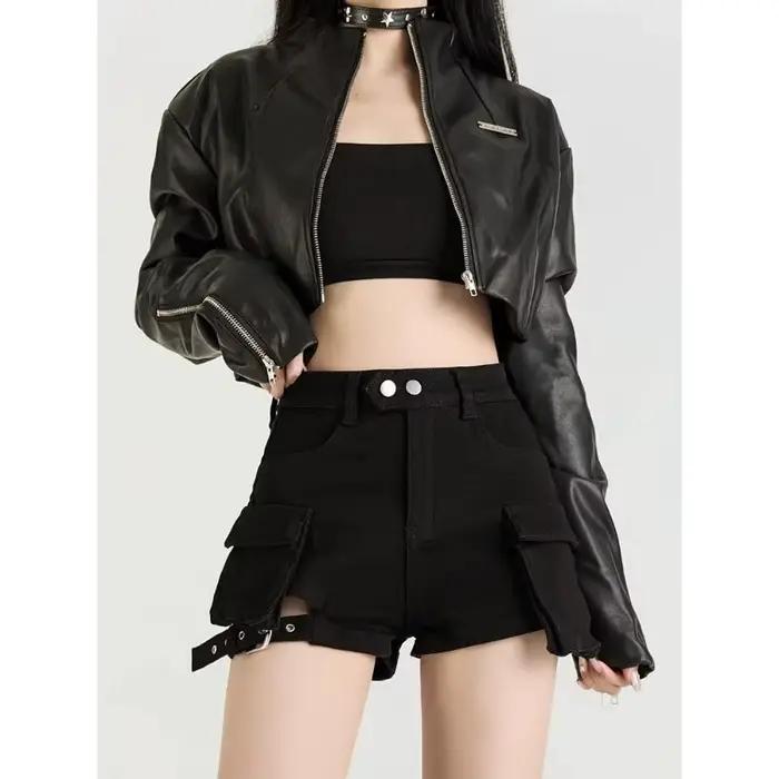 Short en jean taille haute pour femme, coupe trapèze, mini-jupe, élastique amincissant, style améric