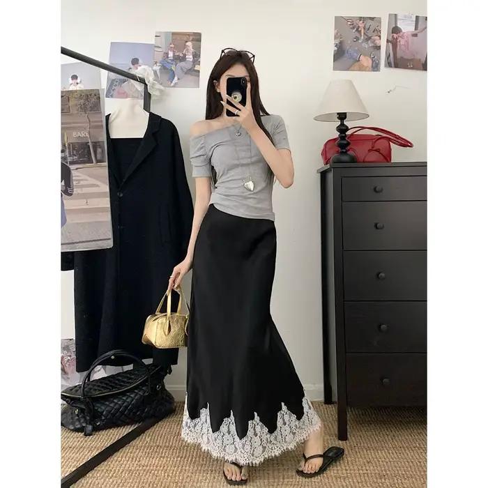 Jupes longues élégantes pour femmes, taille haute, dentelle, Satin, ligne a, mode coréenne, couleur 