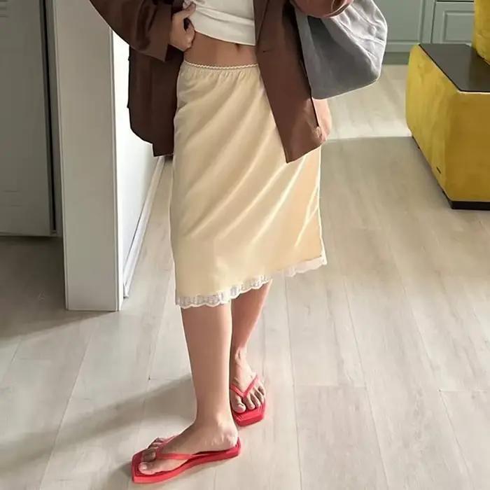 Jupe droite taille basse pour femmes, élégante, Chic, en Satin de soie, mi-longue, Vintage, garnitur