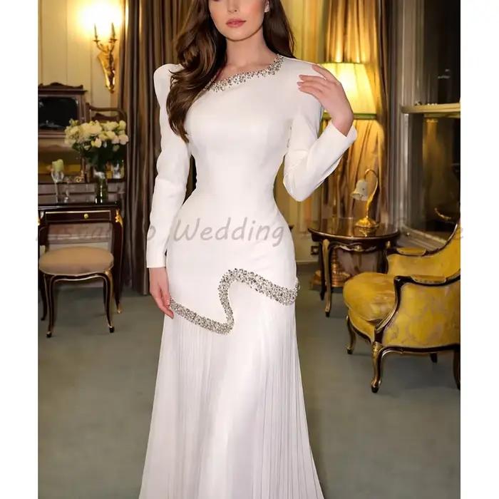 Robe de soirée en satin blanc à manches longues, ornée de cristaux, plissée, longueur ras du sol, él