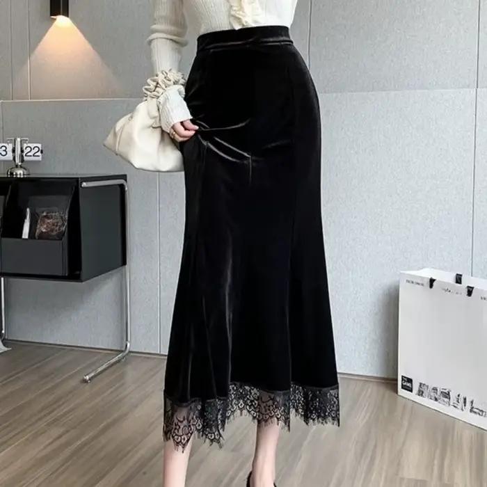 Automne hiver Vintage velours dentelle Patchwork femmes jupes portefeuille 2025 nouveau taille haute