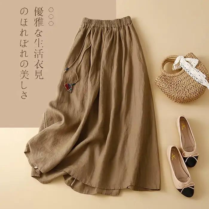 Jupe longue décontractée en coton pour femmes, style vintage, couleur unie, taille élastique, nouvel
