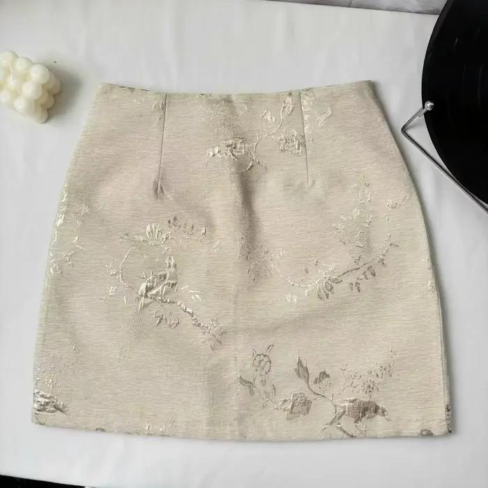 Mini jupe de style chinois pour femme, imprimé beige, taille haute, hanche enveloppée, ligne A, cour