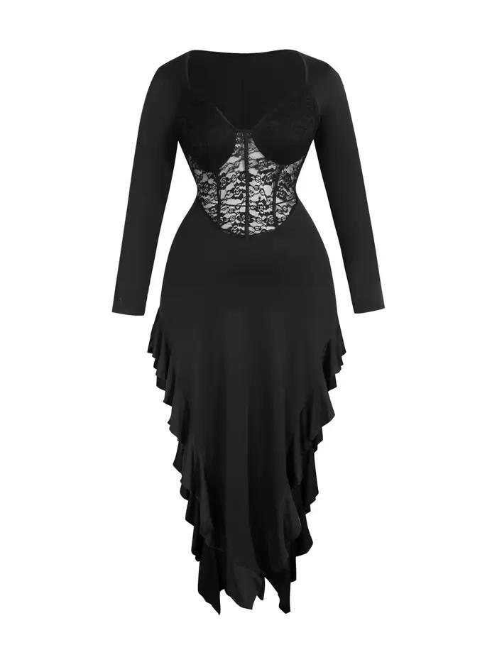 Robe moulante grande taille pour femme à manches longues, col en V profond, corset en dentelle, coup