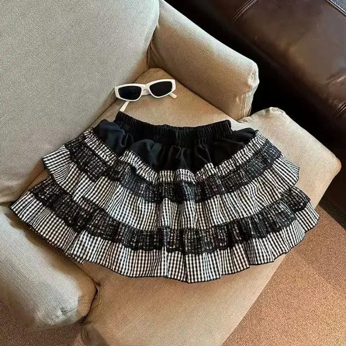 Jupe gâteau bouffante à carreaux en dentelle douce pour femmes, nouvelle petite taille, taille haute
