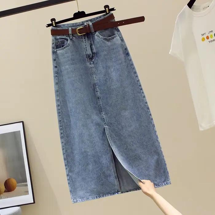 Sexy Wrap fesses Denim jupes femmes taille haute délavé jupe solide épissé coupe ajustée en détresse