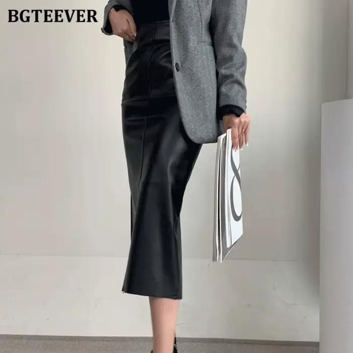 BGTEEVER-Jupes en cuir PU taille haute pour femmes, jupes crayon fendues minces, élégantes, automne