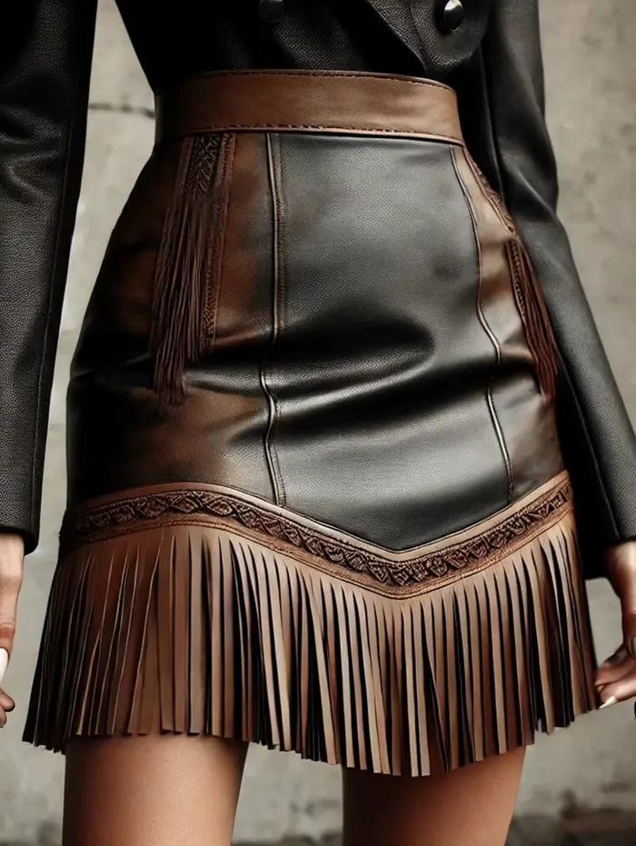 Mini-jupe vintage en cuir PU pour femme, style cowgirl western, taille haute, à franges, coupe ajust