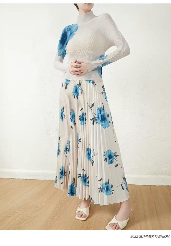 Ensemble deux pièces pour femmes, haut à manches longues plissé à fleurs et jupe taille haute, mode 