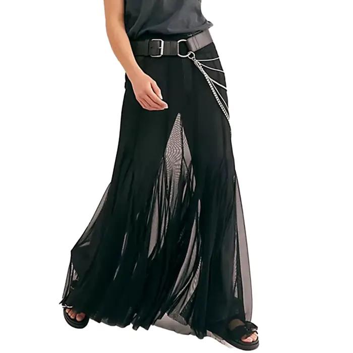 Jupes longues transparentes en maille transparente pour femmes, taille haute élastique, ourlet à vol
