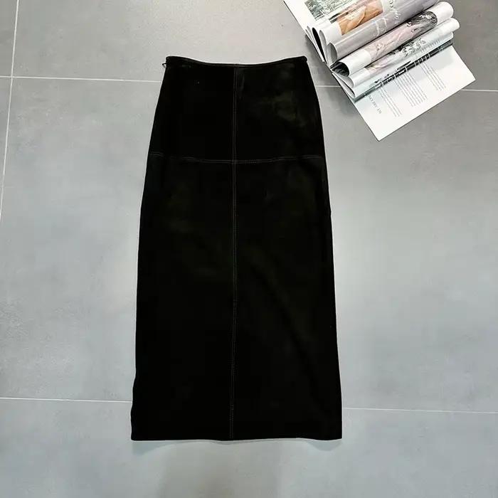 Femmes en cuir véritable Jupe taille haute café longue enveloppement hanche Style printemps automne 