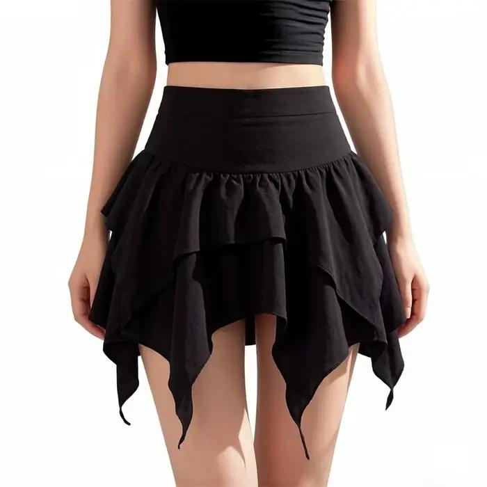 Nouvelle Mini-jupe Punk Gothique pour Femme, Sexy, Couleur Unie, à Volants Froncés, avec Cordon de S