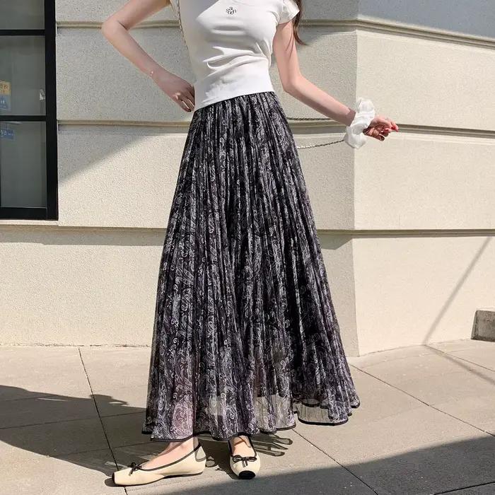 Jupe longue bohème à imprimé floral et jupe trapèze drapée en maille transparente pour femme, ourlet