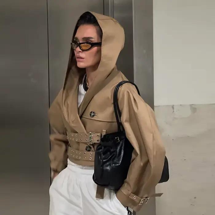 Veste courte à capuche avec Double ceinture pour femme, couleur unie, manches longues, manteau polyv