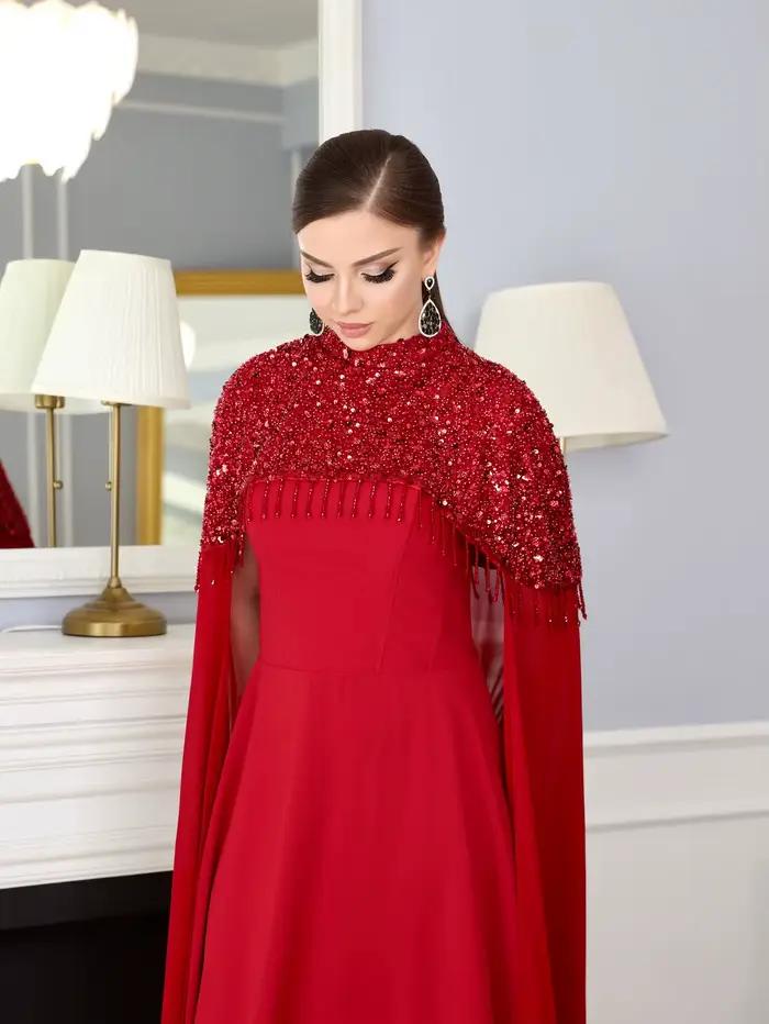 Robes de soirée formelles pour femmes, robe longue rouge à manches longues, robe de soirée de luxe, 