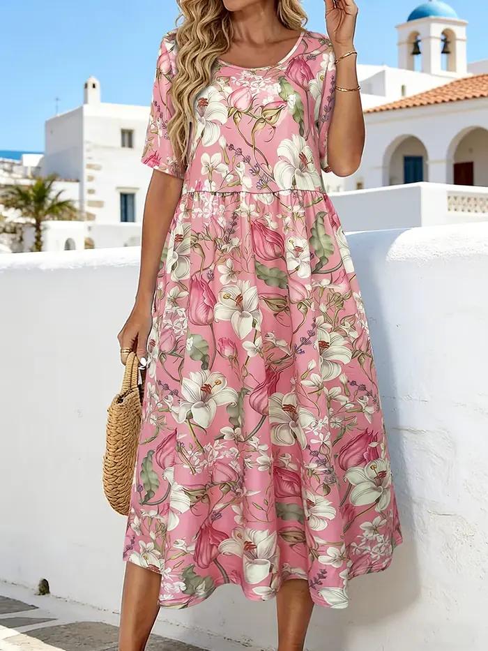 Robe mi-longue à imprimé floral pour femmes, col rond, manches courtes, taille haute, ample et fluid