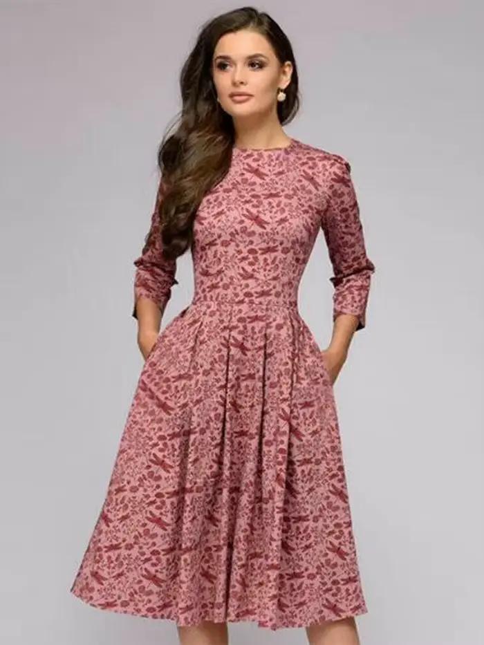Vintage tunique plissée robe imprimée femmes dames élégantes une ligne robes à manches longues femme