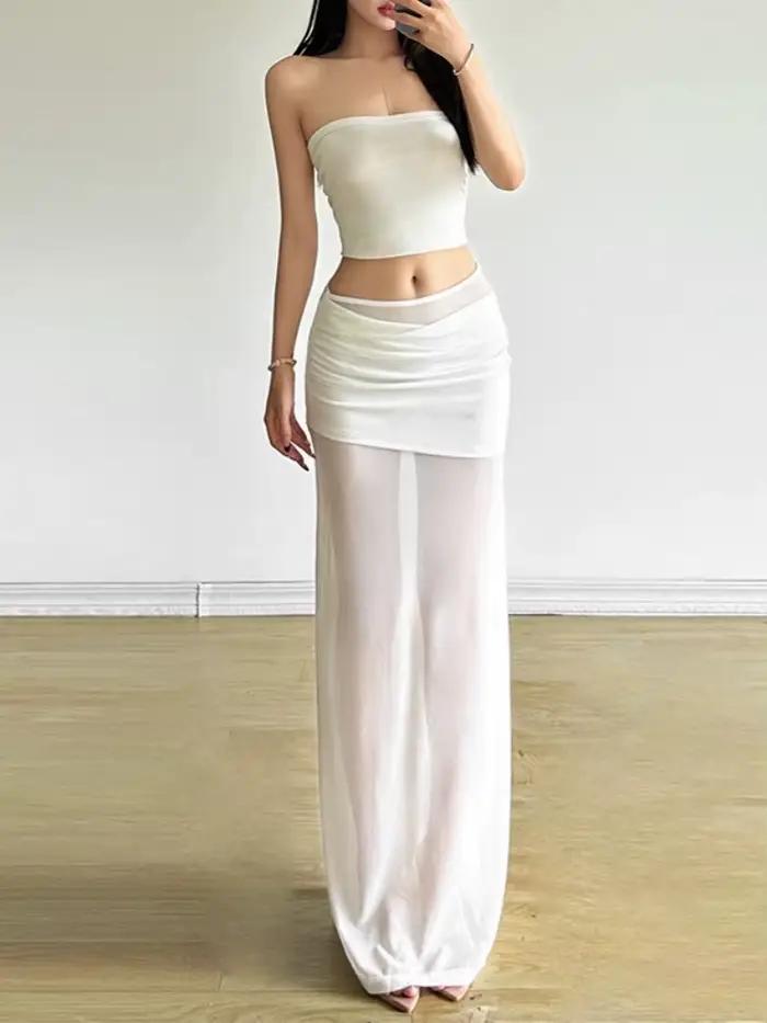 Jupes longues en maille transparente pour femmes, tenue de soirée, couleur unie, Sexy, vêtements Y2k