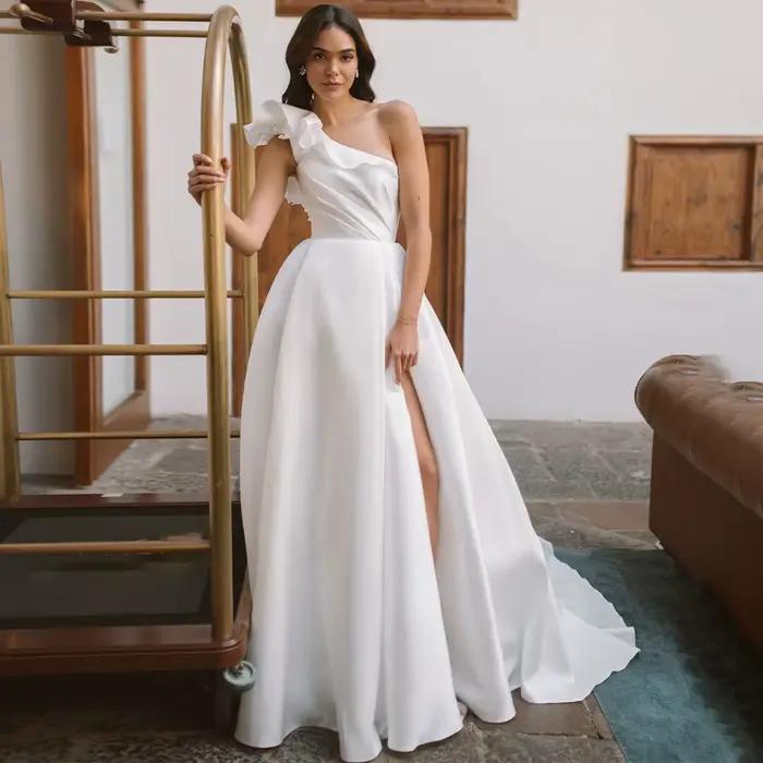 Robe de Mariée Simple en Satin à Volants avec Fleurs 3D, Ligne A, Fendue sur le Côté, pour Femme, Pa