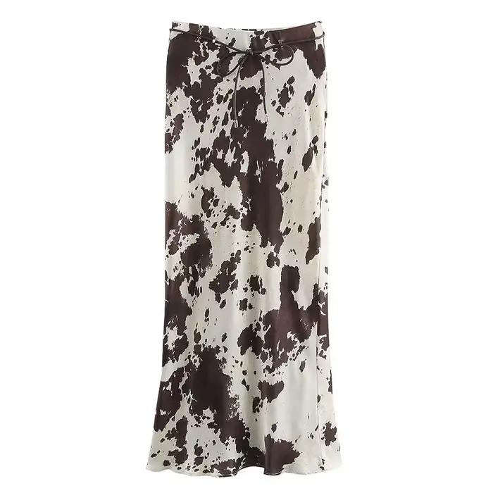 Jupe en Satin imprimé Animal pour femmes, jupe mi-longue à volants avec ceinture, jupe décontractée 