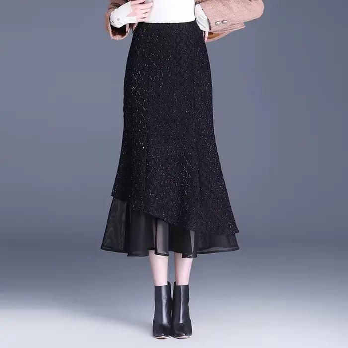 ZUZK-Jupe Sirène Mi-Longue Noire pour Femme, Taille Haute, Patchwork en Dentelle, Slim, Printemps Au