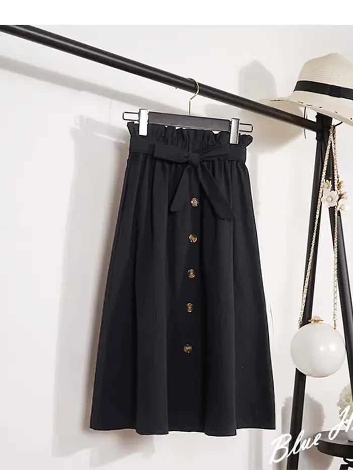 Jupe plissée mi-longue pour femme, longueur genou, style coréen, élégante, avec boutons, taille haut