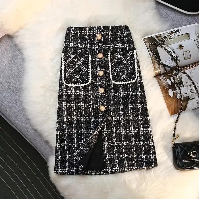 Jupe longue en laine à carreaux taille haute pour femmes, jupes élégantes pour femmes, mode vintage,