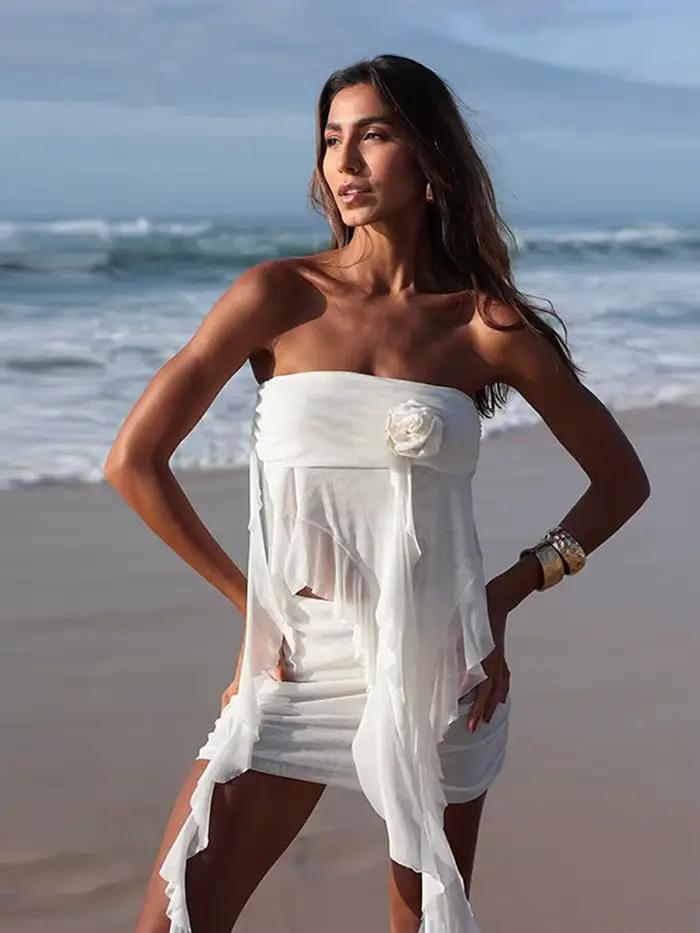 3D fleur bustiers jupe costume femmes Sexy solide sans manches dos nu irrégulière haut à volants gai