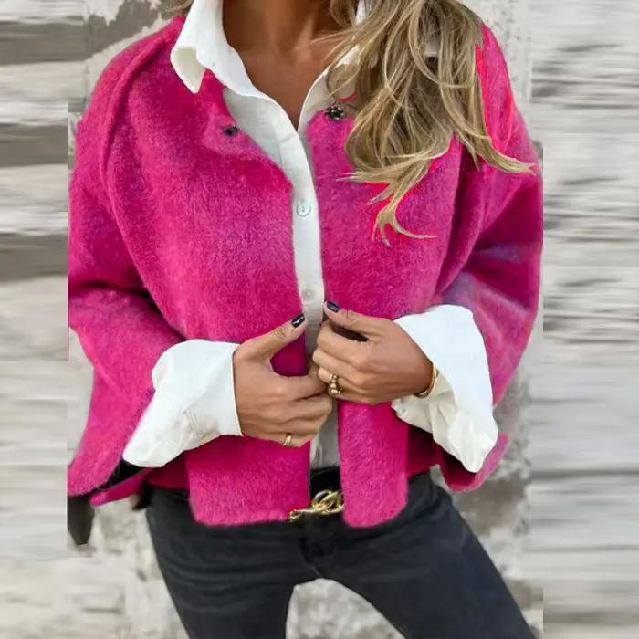 Veste courte en laine combinée pour femme, manches longues, monochromatique, vêtements d'extérieur d