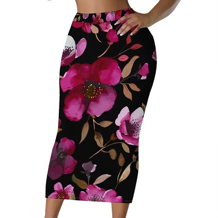 Jupe midi à imprimé floral, jupe crayon à fleurs roses, jupe moulante botanique bleue pour femmes, t