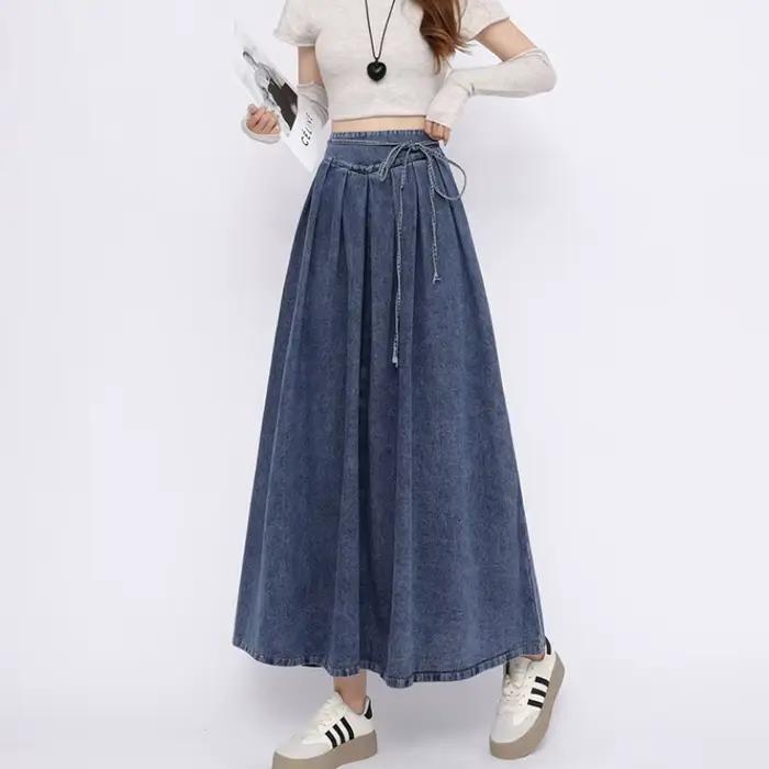 Corset à lacets Midi jupes longues femmes printemps été Style coréen Vintage taille haute Jean jupe 